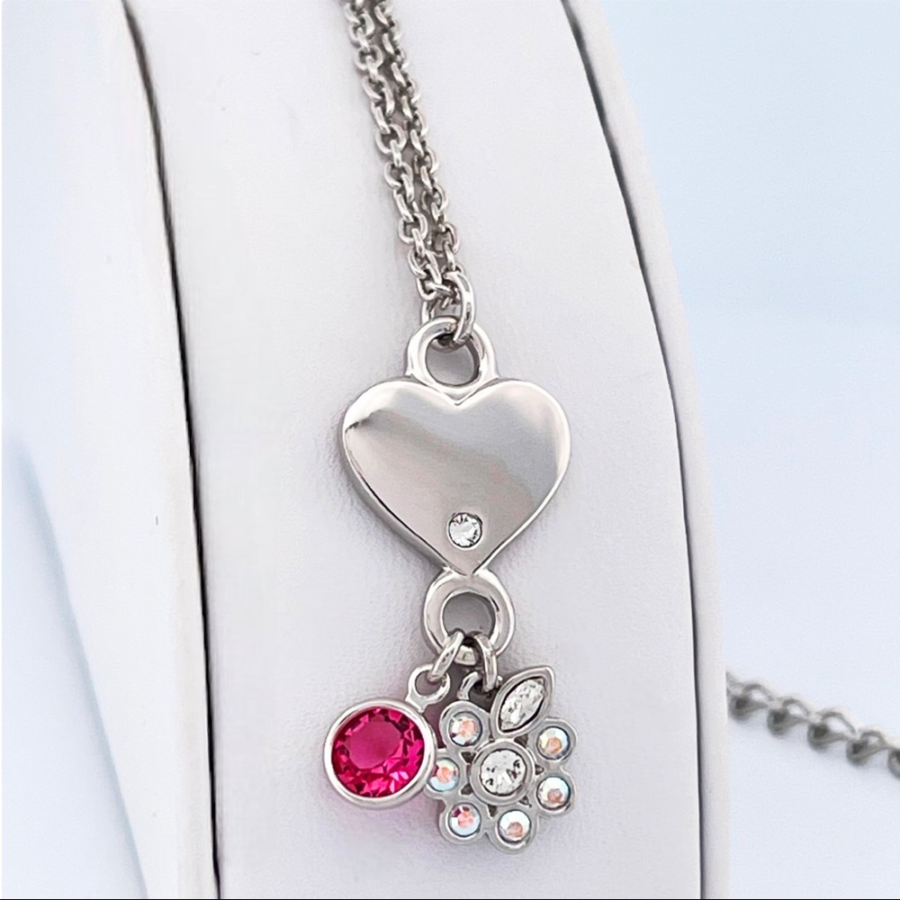 From the Heart - Heart & Flower Charm Necklace w/ Swarovski Crystal - Silver